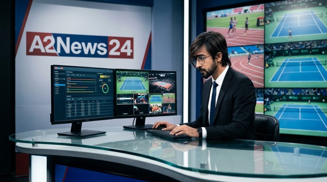 A2News24 sports editor analyzing multi-sport athletic feeds and telemetry in a modern broadcast room.