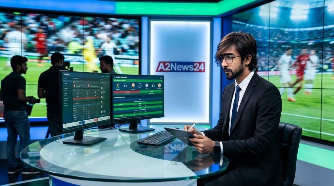 A2News24 sports editor analyzing live cricket and football match coverage from the studio newsroom.