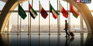 আধুনিক বিমানবন্দর টার্মিনালে দাঁড়িয়ে মধ্যপ্রাচ্যের দেশগুলোতে ভ্রমণের অপেক্ষায় থাকা একজন আন্তর্জাতিক পর্যটক।